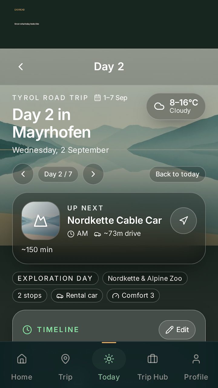 Screenshot of the EasyRoad app Today view showing Day 2 in Mayrhofen, the weather, the next stop with a navigate button and the day timeline
