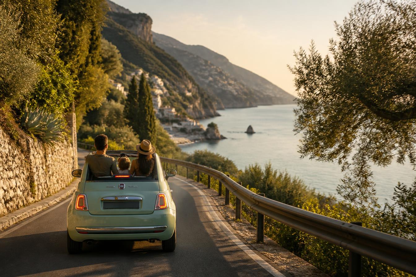 A family driving a rental car along a sunny Mediterranean coastal road in Europe